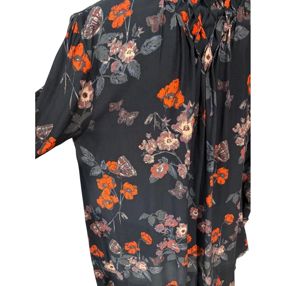 Free People Floral Boho Tunic Top‎ Small Navy Orange Butterfly Peasant Blouse